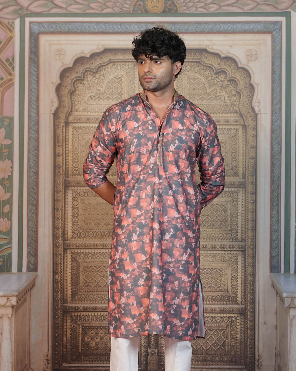 Dark Brown Floral Printed Kurta for Men