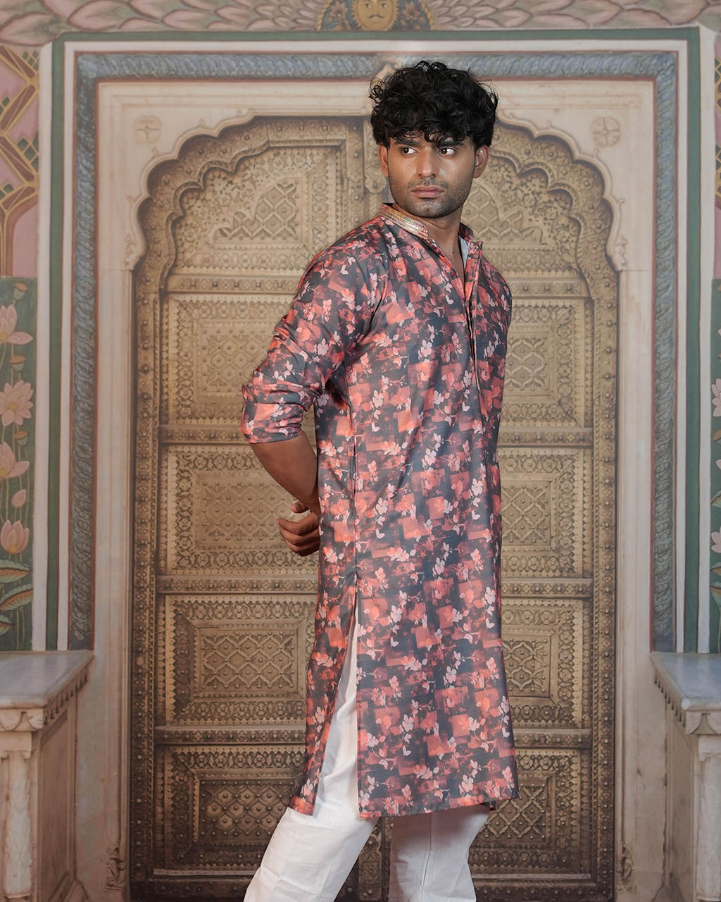 Dark Brown Floral Printed Kurta for Men