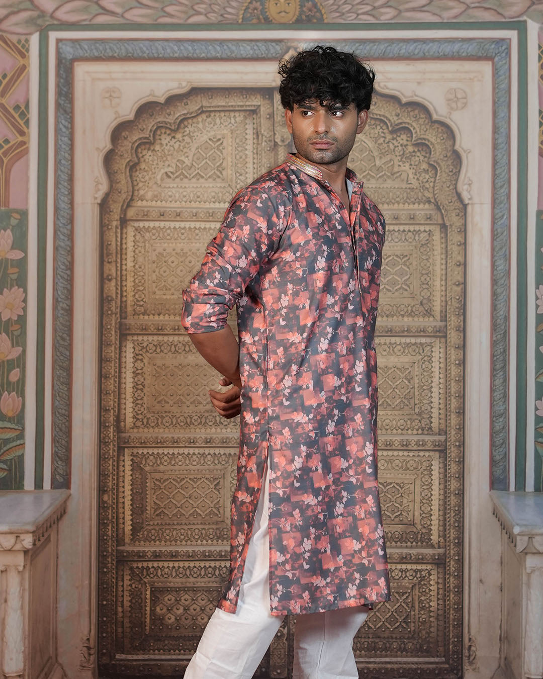 Dark Brown Floral Printed Kurta for Men