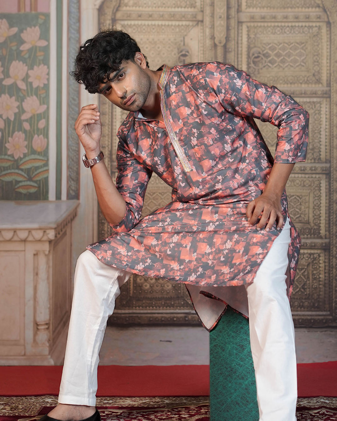 Dark Brown Floral Printed Kurta for Men