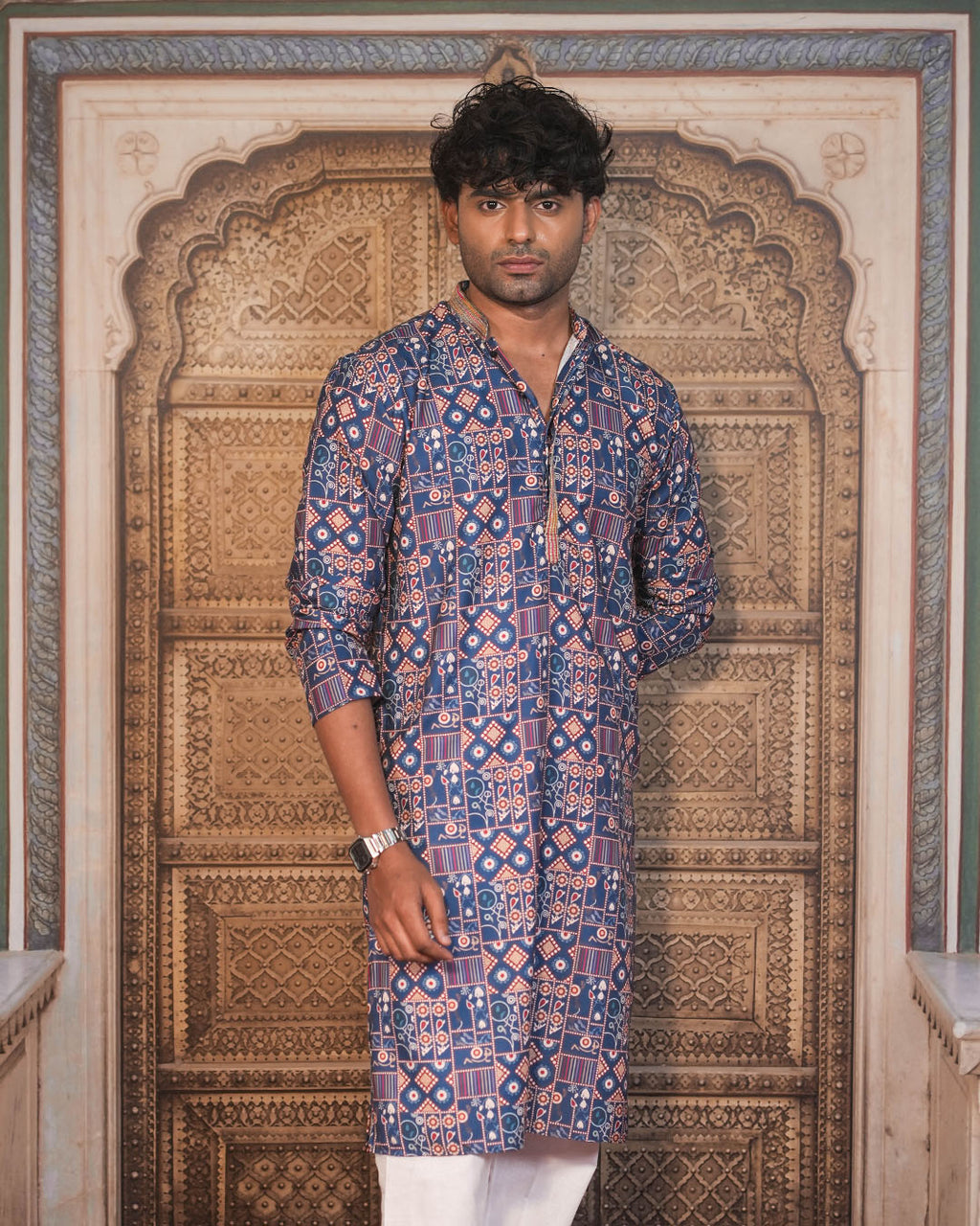 Navy Blue Geometric Kurta for Men