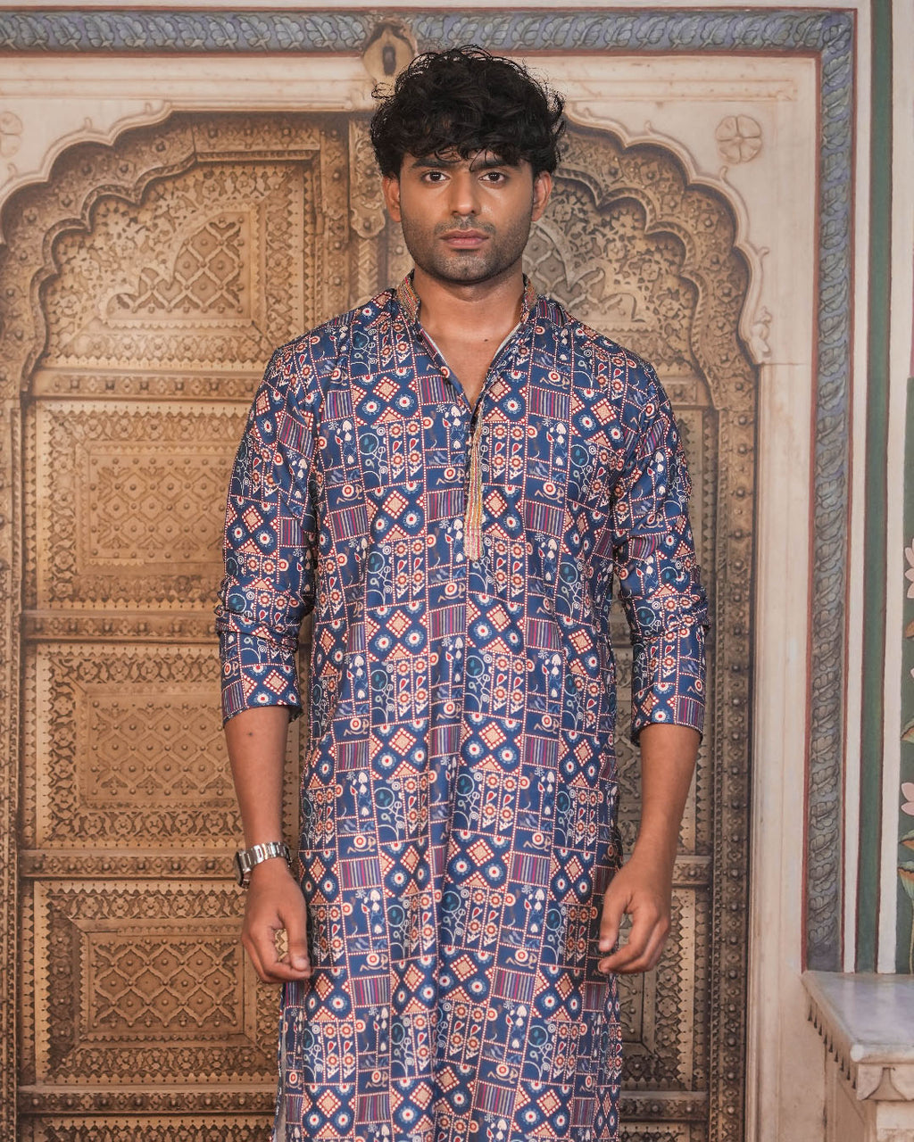 Navy Blue Geometric Kurta for Men