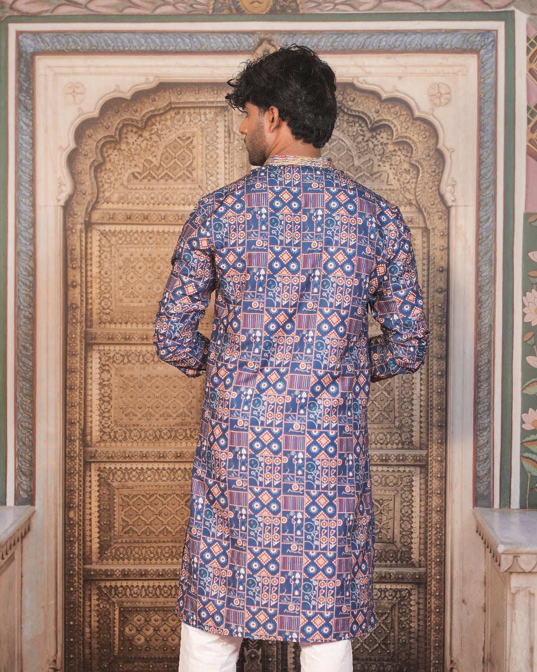 Navy Blue Geometric Kurta for Men