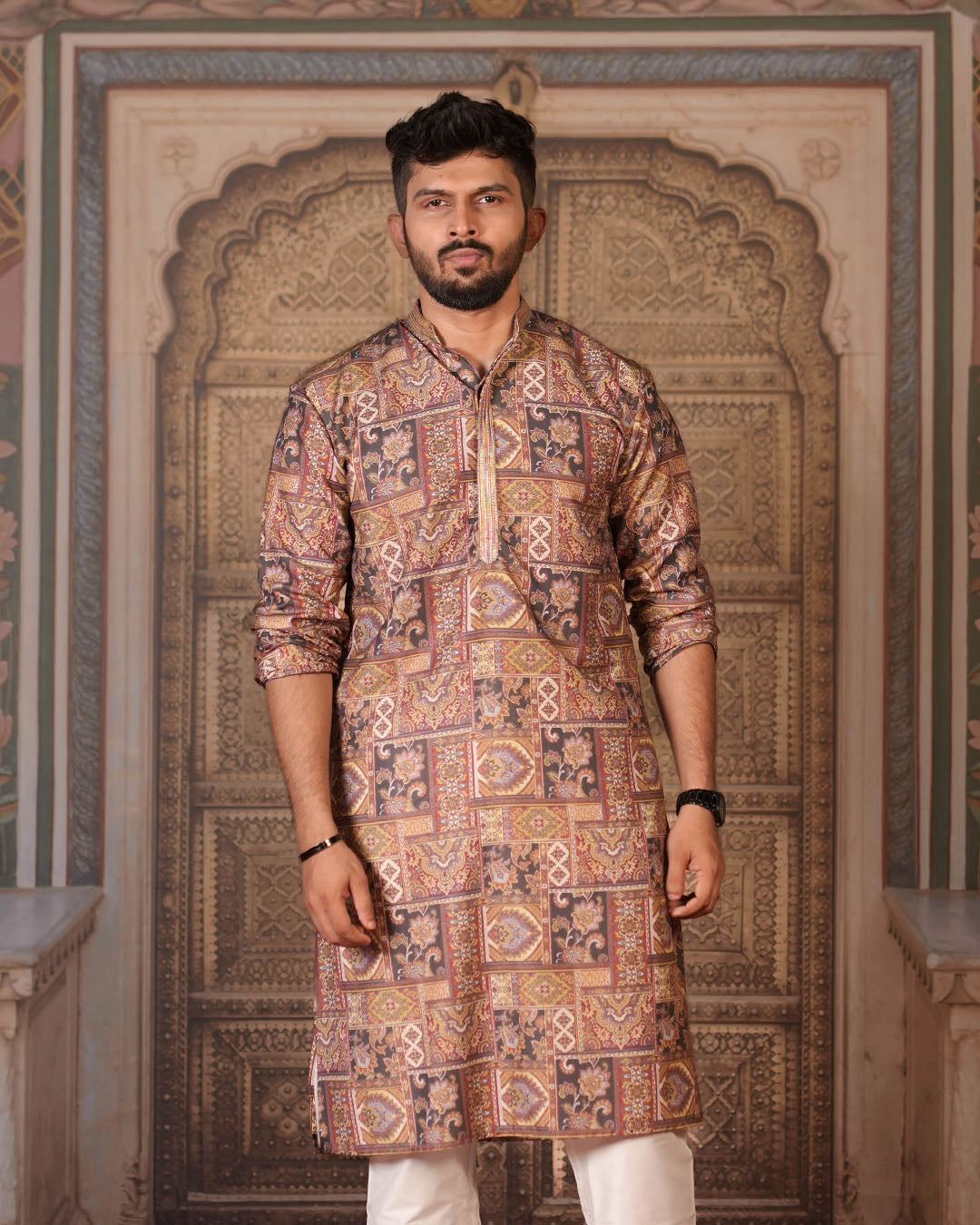 Brown Ornamental Panel Kurta for Men