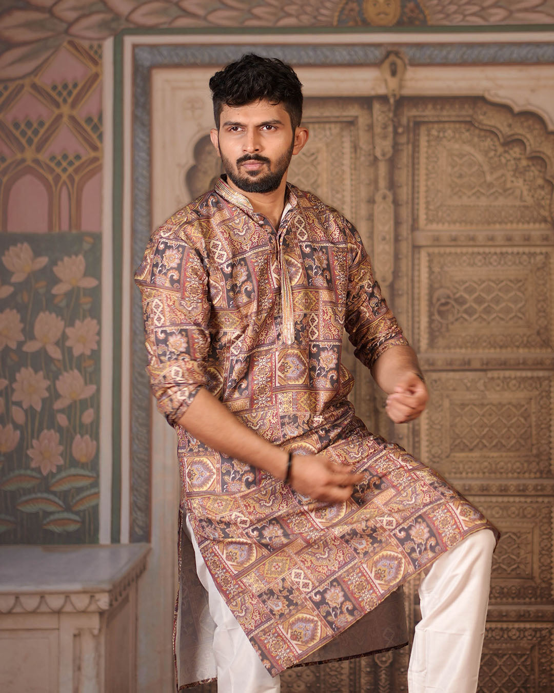 Brown Ornamental Panel Kurta for Men