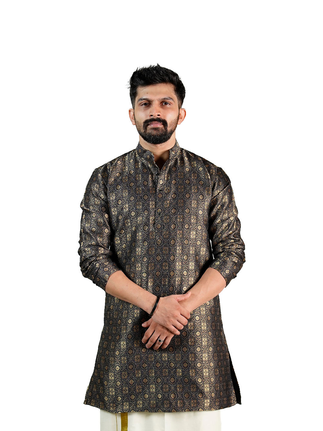 Black Gold Medallion Jacquard Kurta for Men