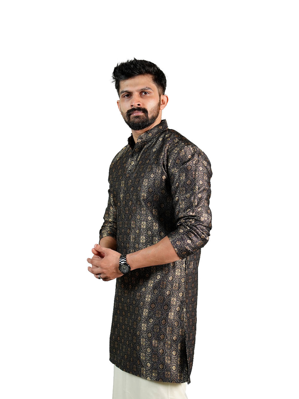 Black Gold Medallion Jacquard Kurta for Men