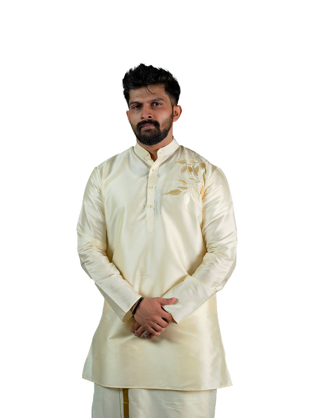 Cream Golden Embroidered Silk Kurta for Groom