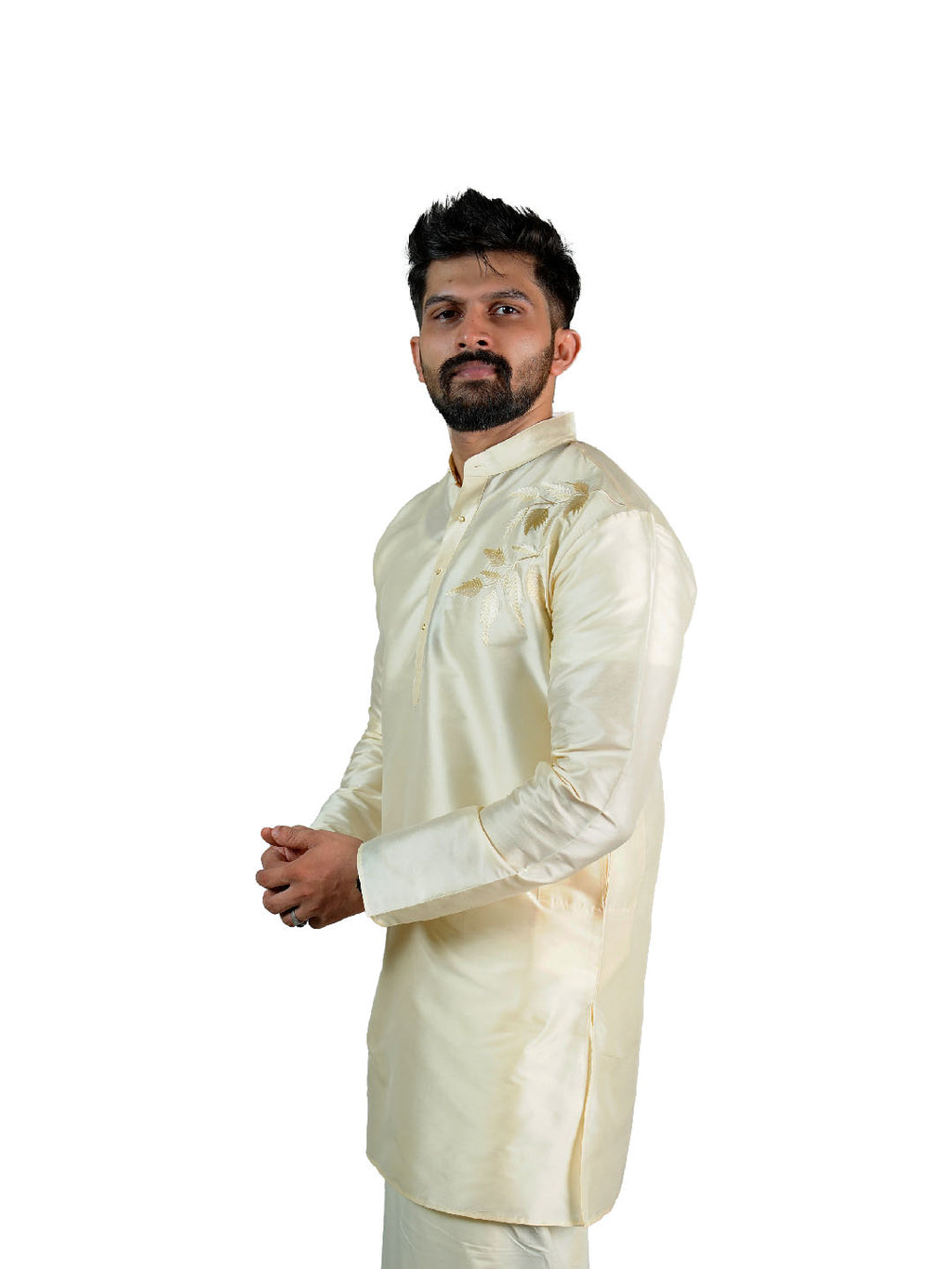 Cream Golden Embroidered Silk Kurta for Groom