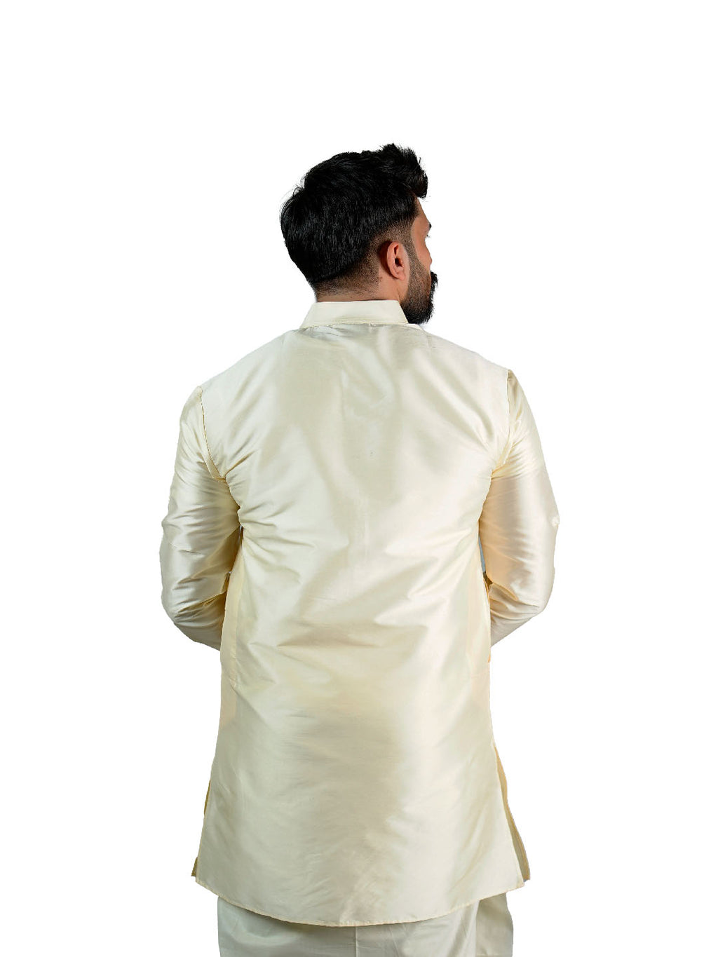 Cream Golden Embroidered Silk Kurta for Groom