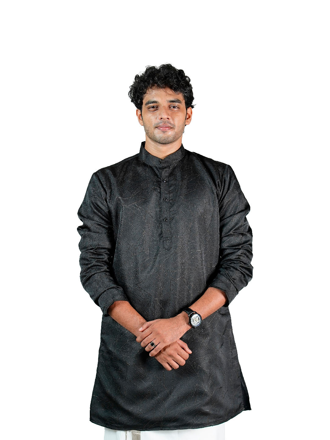 Black Tonal Abstract Jacquard Kurta for Men