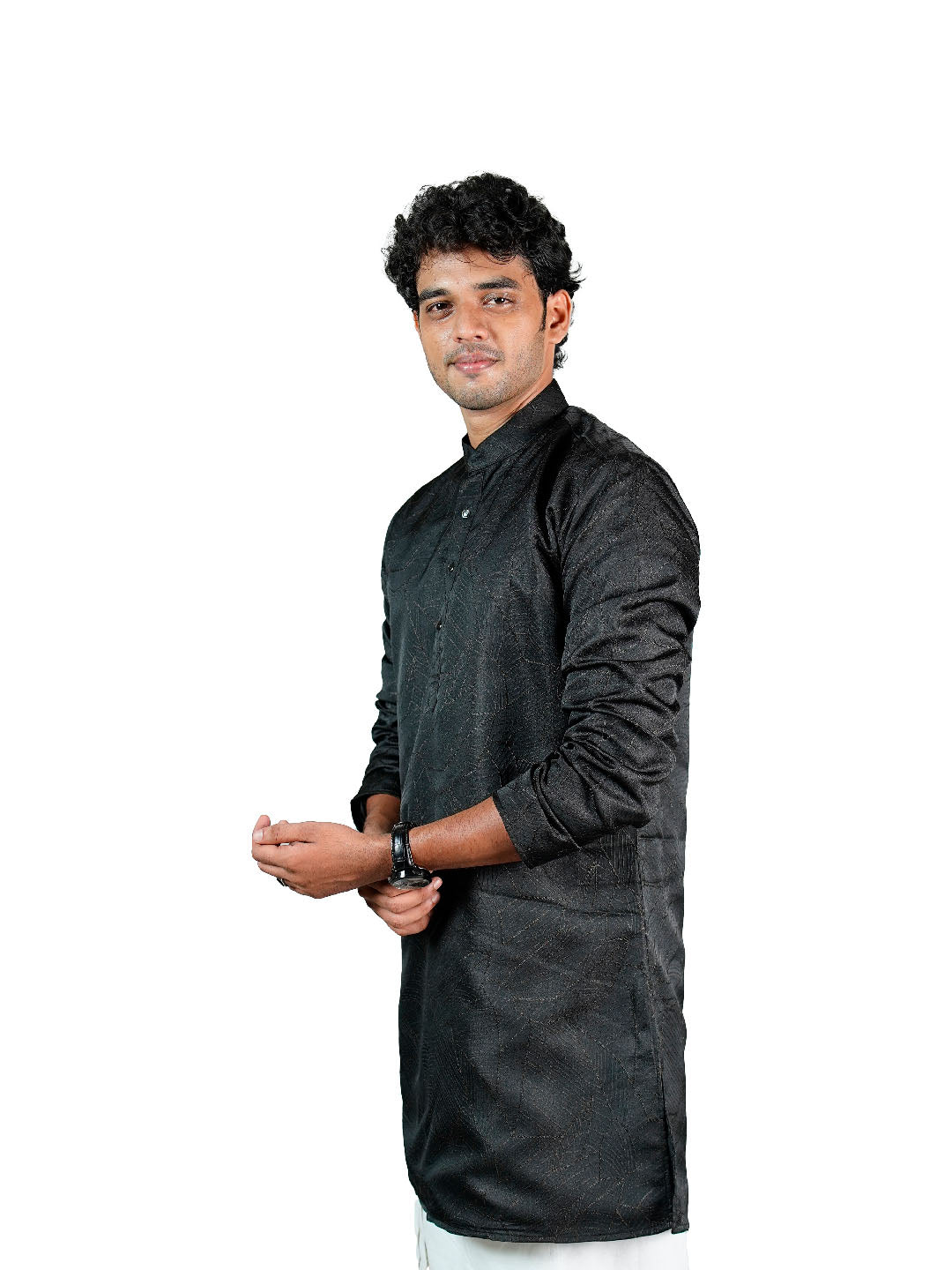 Black Tonal Abstract Jacquard Kurta for Men