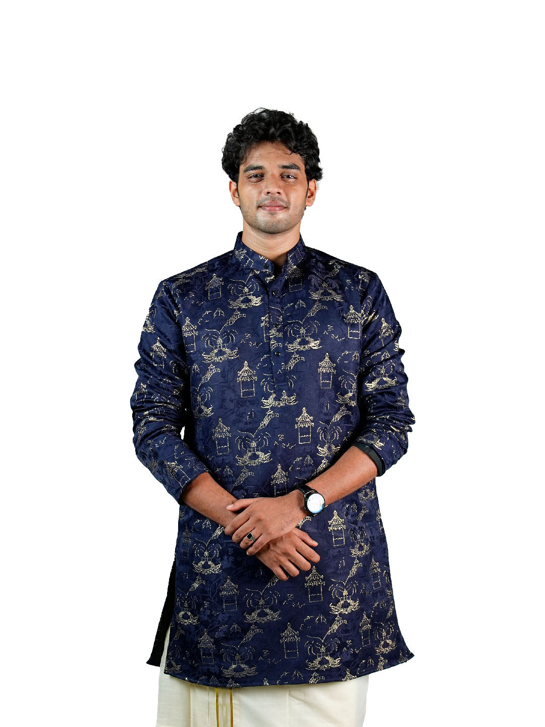 Navy Scenic Jacquard Kurta for Men