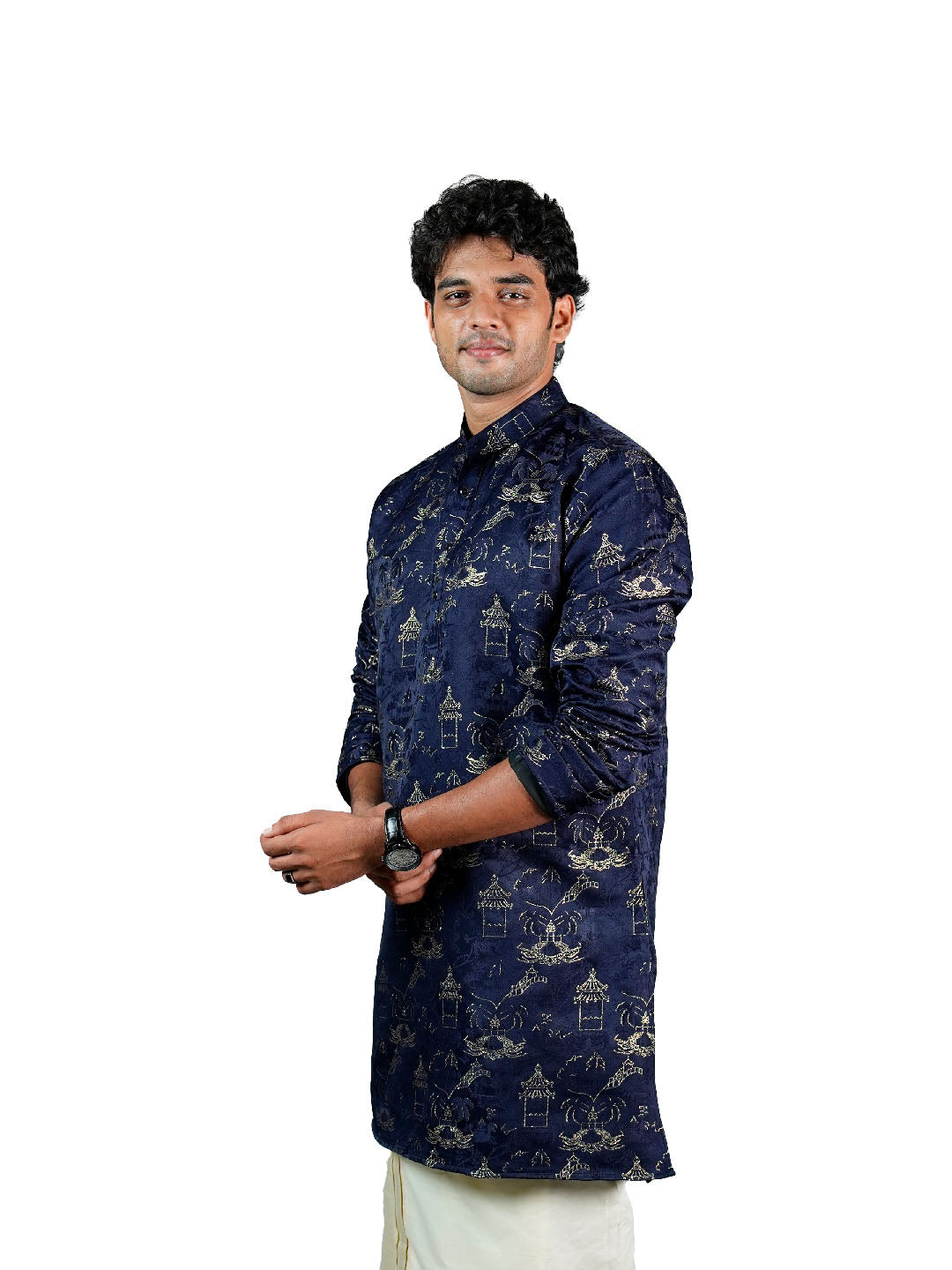 Navy Scenic Jacquard Kurta for Men