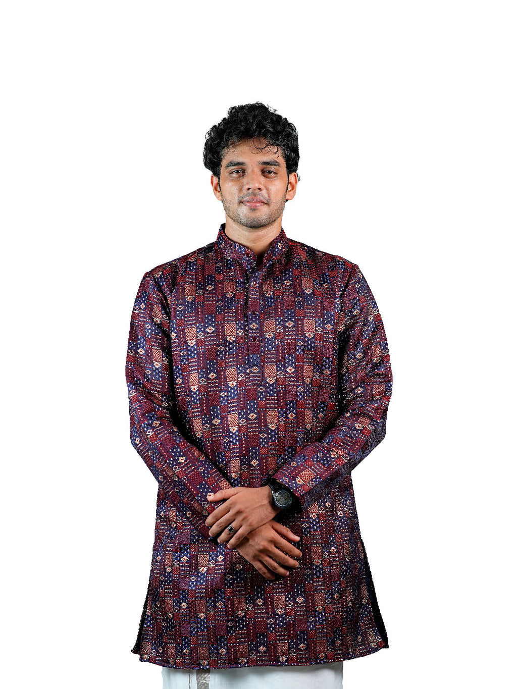 Navy Burgundy Geometric Block Jacquard Kurta for Men