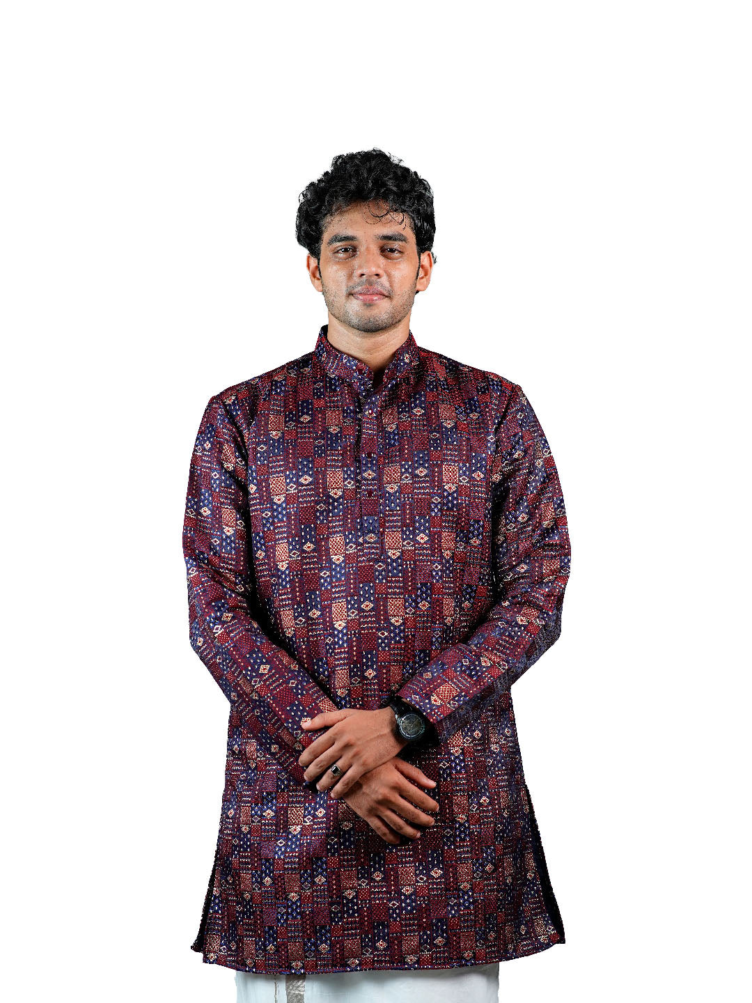 Navy Burgundy Geometric Block Jacquard Kurta for Men