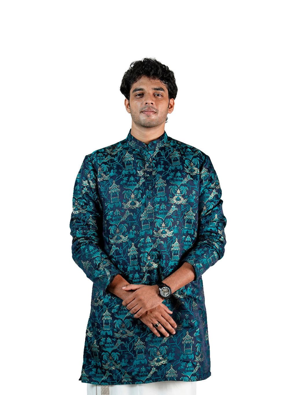 Navy Garden Scenic Jacquard Kurta for Men