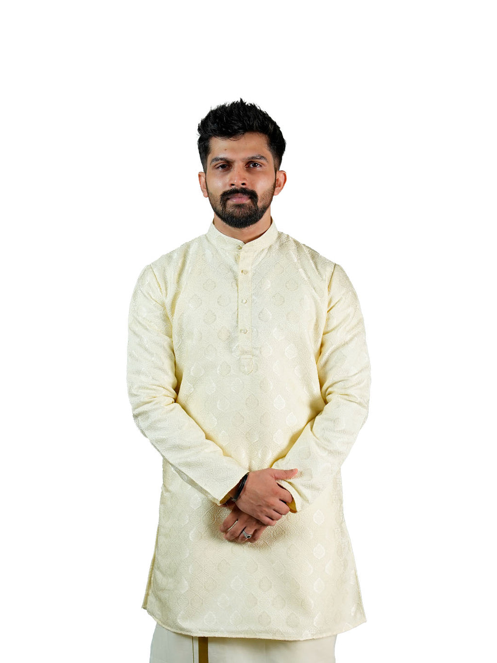 Cream Medallion Jacquard Kurta for Groom