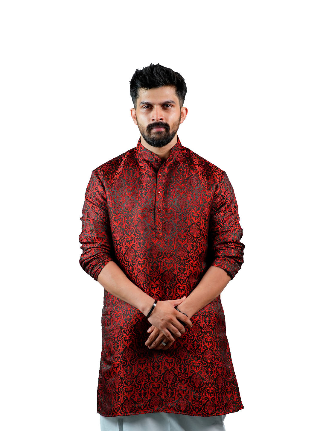 Black Red Scroll Jacquard Kurta for Men