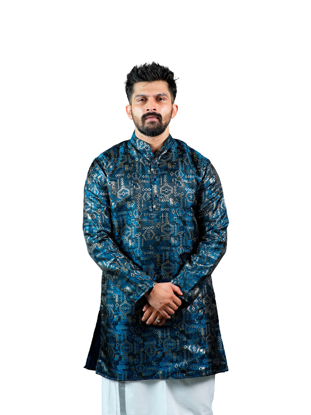 Teal Tribal Geometric Jacquard Kurta for Men