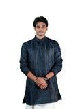 Midnight Navy Wave Stripe Sequin Jacquard Kurta for Men