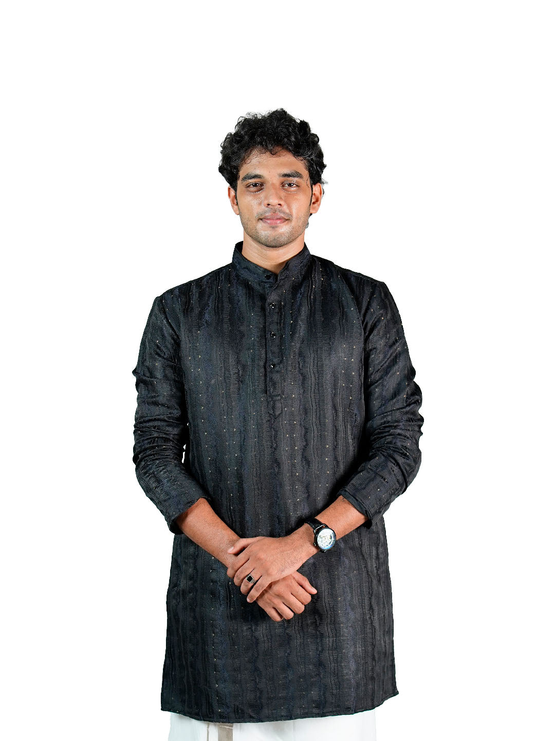 Black Wave Stripe Sequin Jacquard Kurta for Men