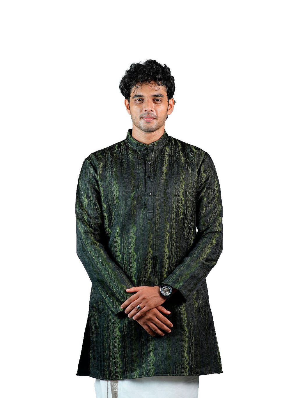 Olive Green Wave Stripe Sequin Jacquard Kurta for Men