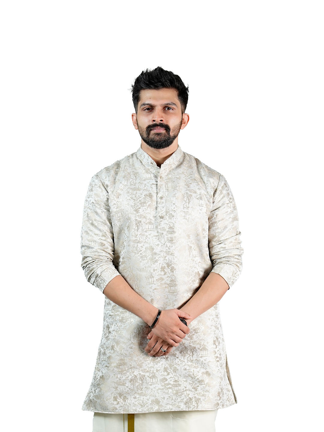 Cream Oriental Scenic Jacquard Kurta for Groom