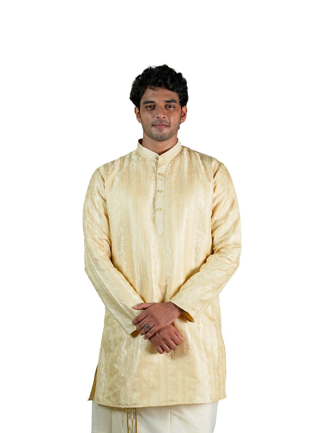 Cream Wave Stripe Sequin Jacquard Kurta for Men