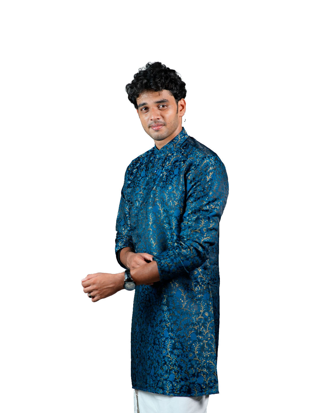 Teal Floral Vine Jacquard Kurta for Men