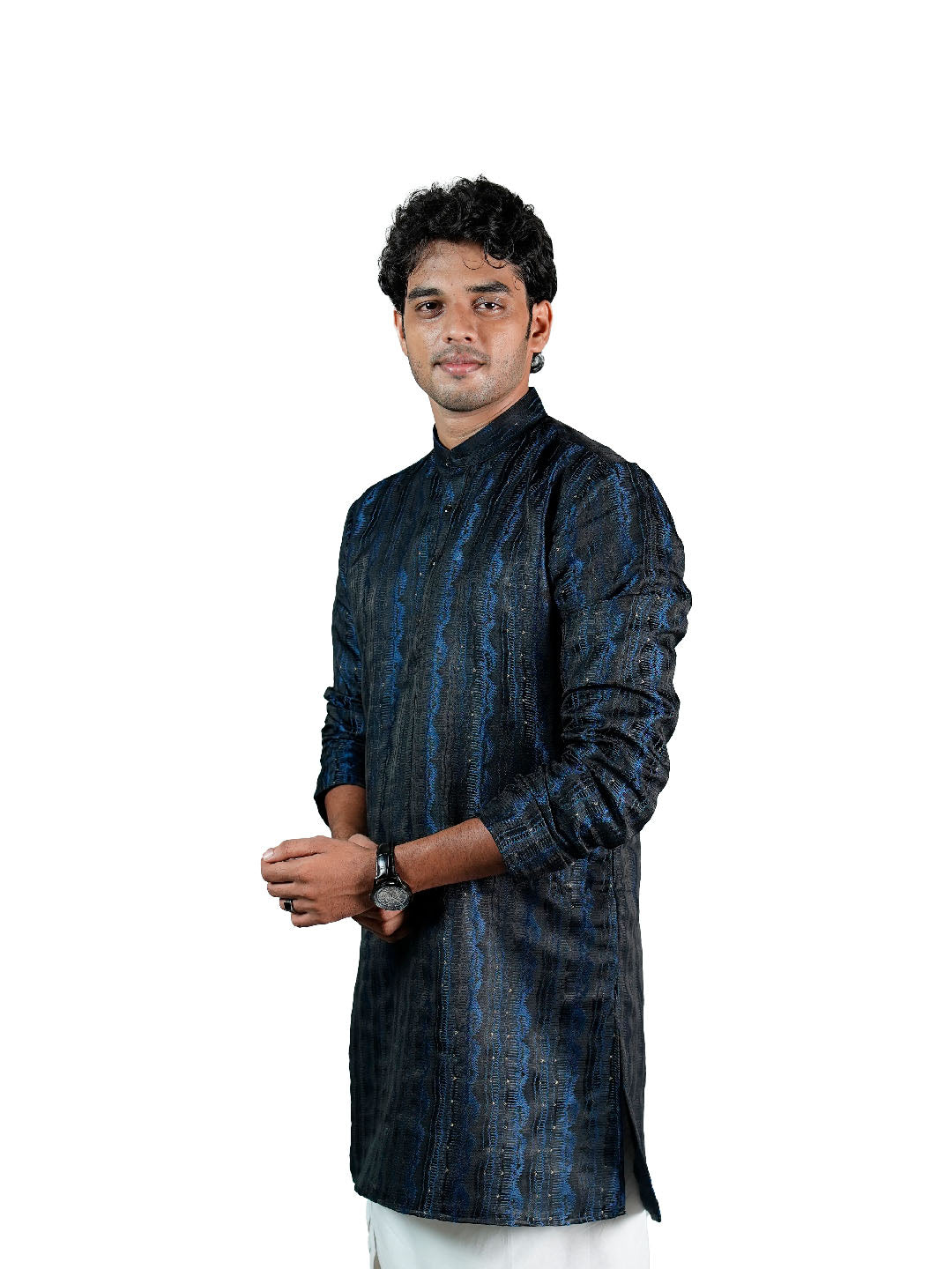 Midnight Navy Wave Stripe Sequin Jacquard Kurta for Men