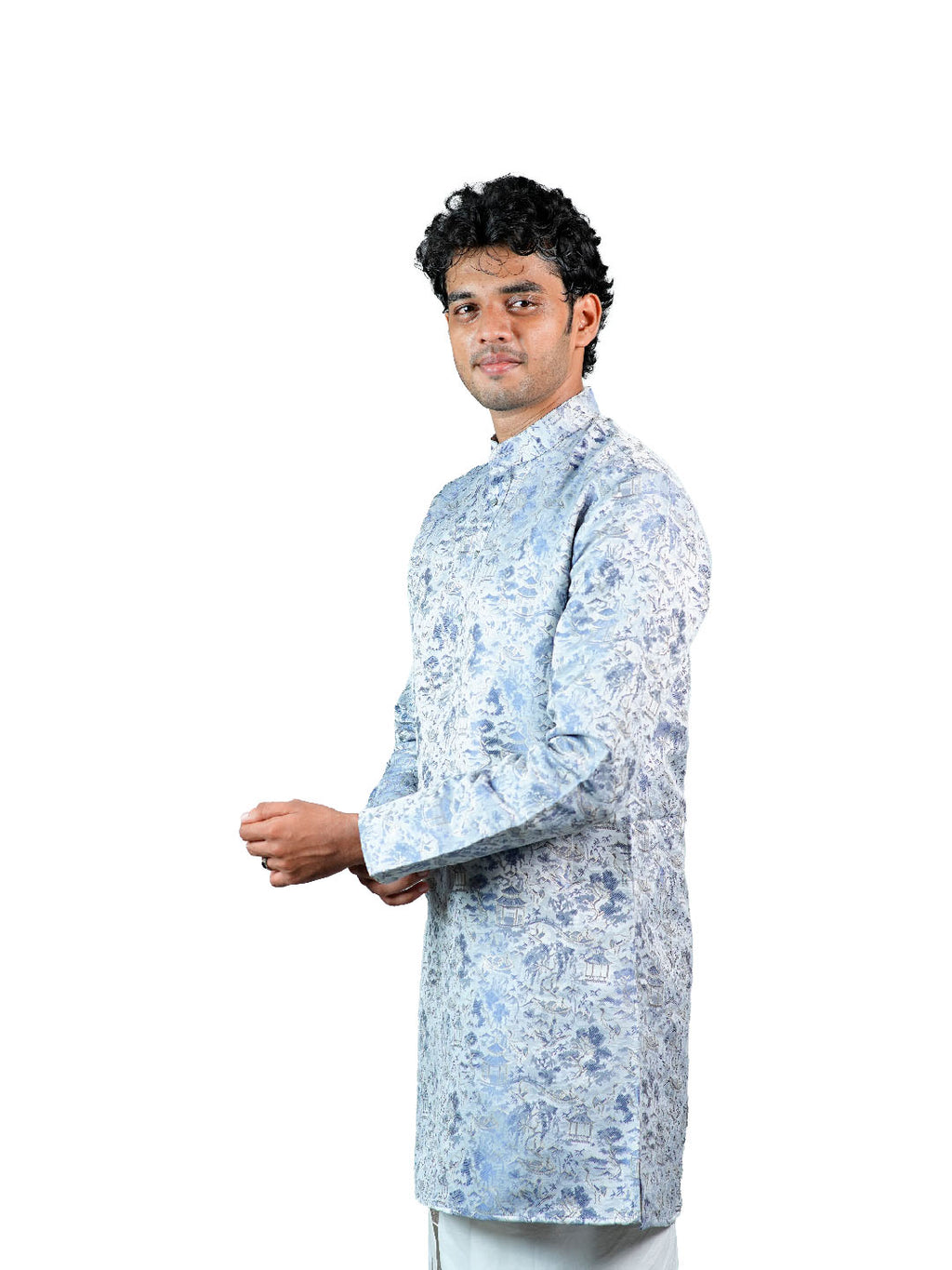 Blue Oriental Scenic Jacquard Kurta for Men