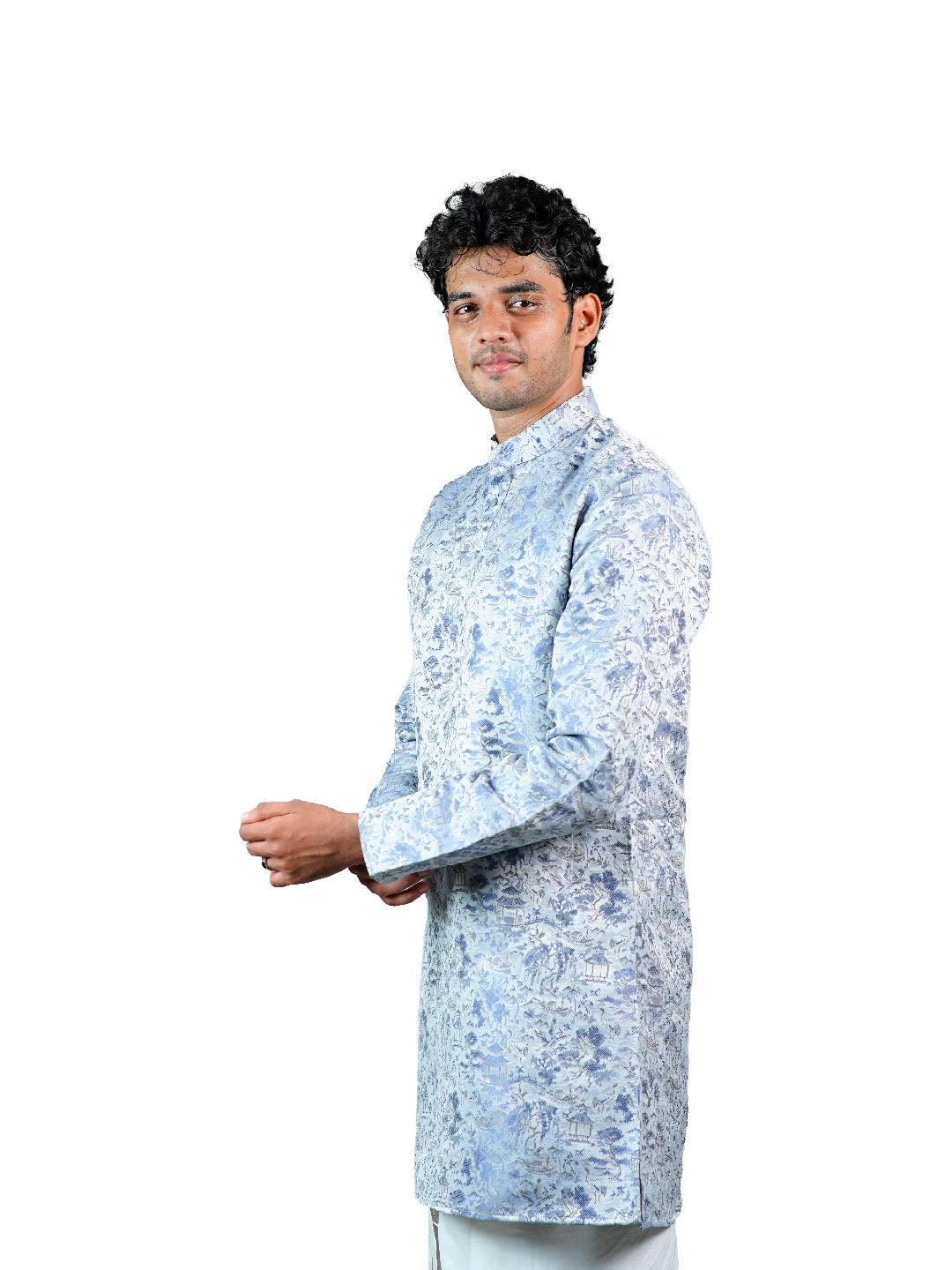 Blue Oriental Scenic Jacquard Kurta for Men