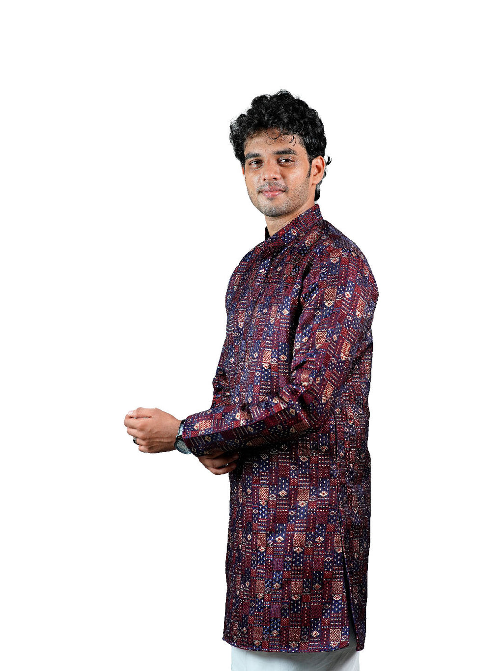 Navy Burgundy Geometric Block Jacquard Kurta for Men