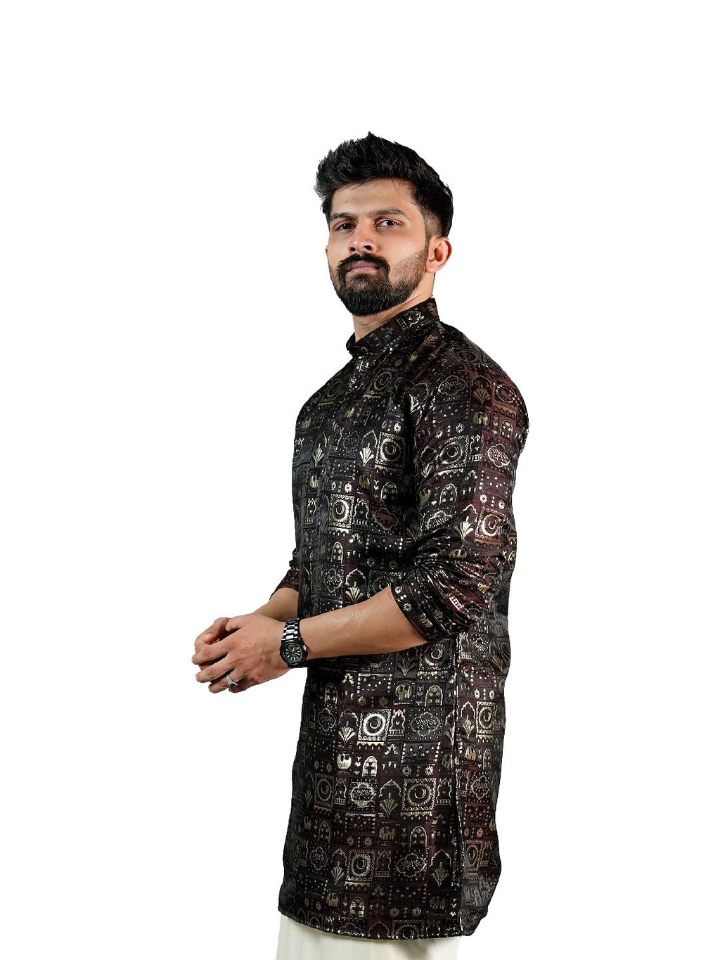 Brown Heritage Block Jacquard Kurta for Men