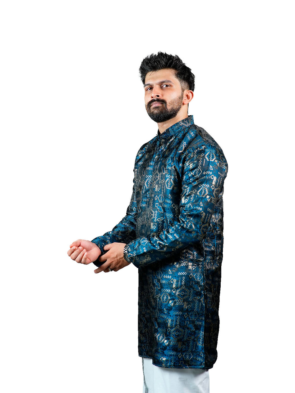 Teal Tribal Geometric Jacquard Kurta for Men
