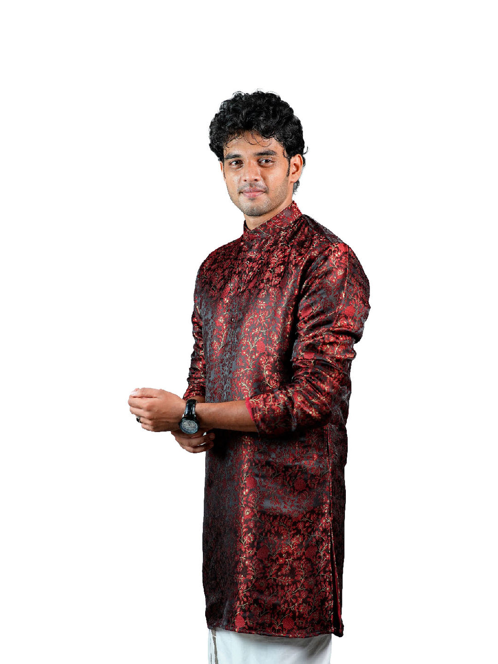 Black Crimson Floral Vine Jacquard Kurta for Men