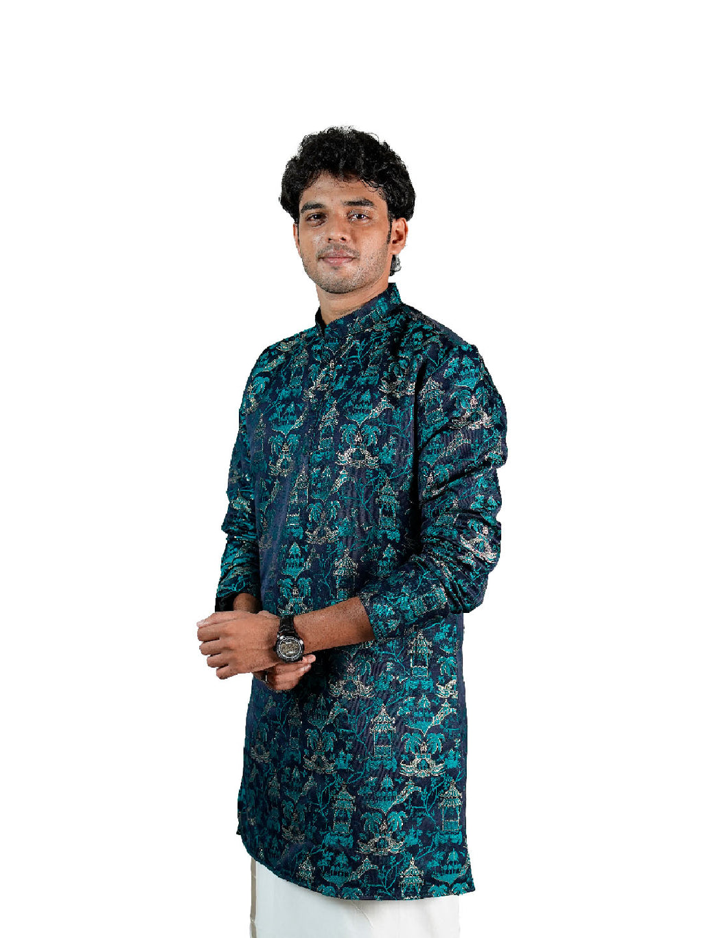 Navy Garden Scenic Jacquard Kurta for Men