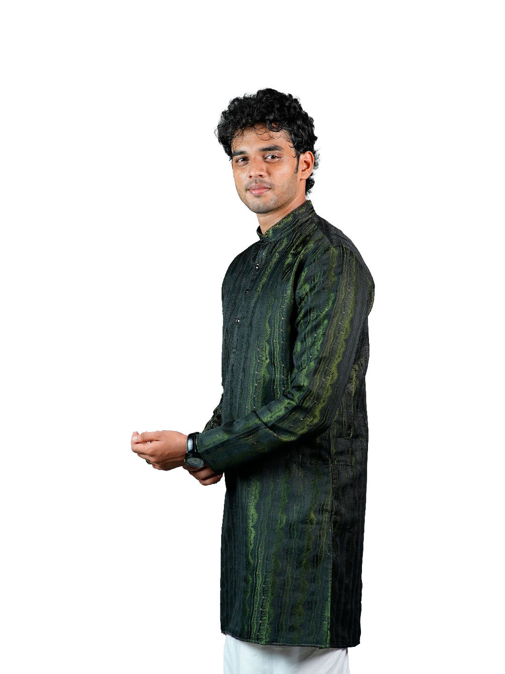 Olive Green Wave Stripe Sequin Jacquard Kurta for Men