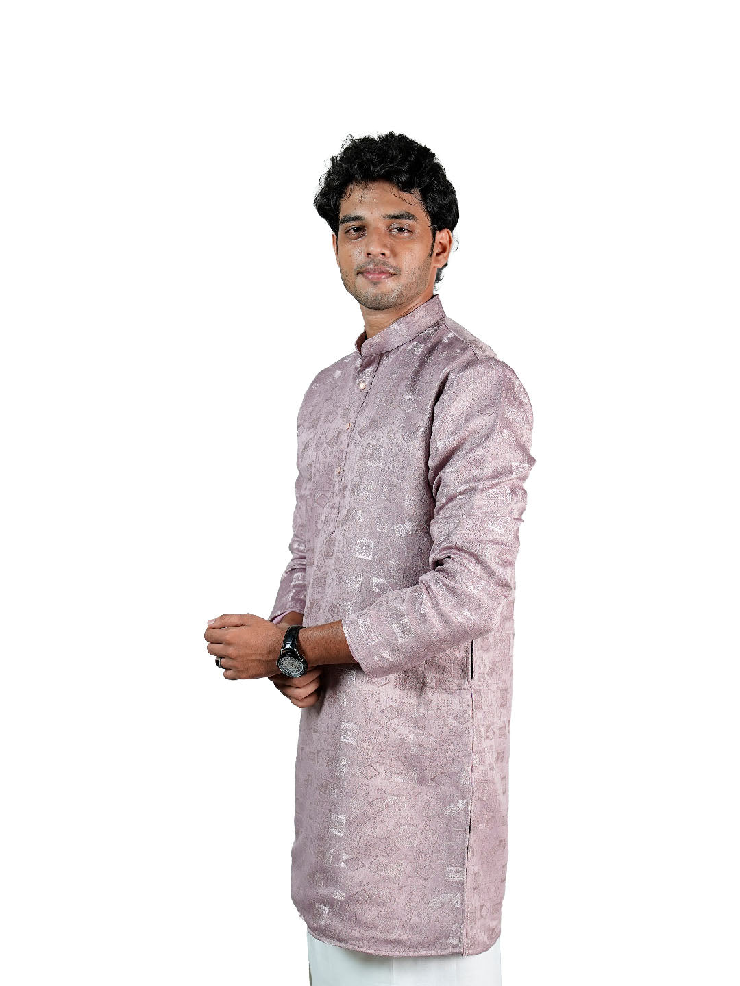 Mauve Silver Geometric Jacquard Kurta for Men