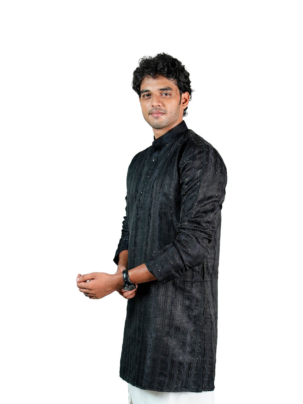 Black Wave Stripe Sequin Jacquard Kurta for Men
