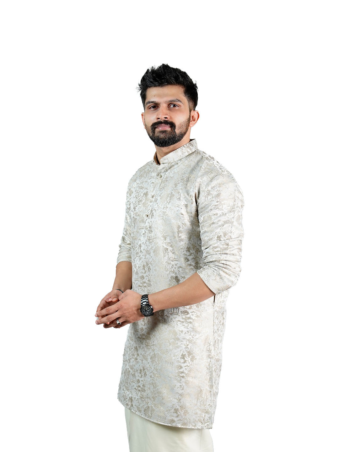 Cream Oriental Scenic Jacquard Kurta for Groom