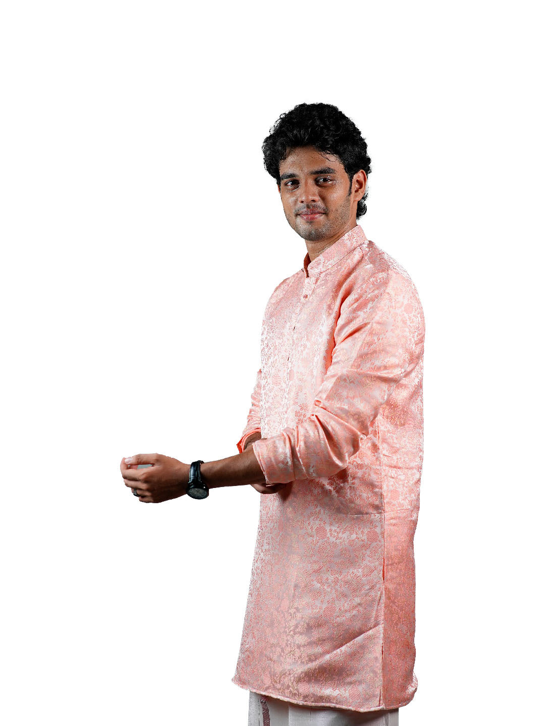 Peach Floral Vine Jacquard Kurta for Men