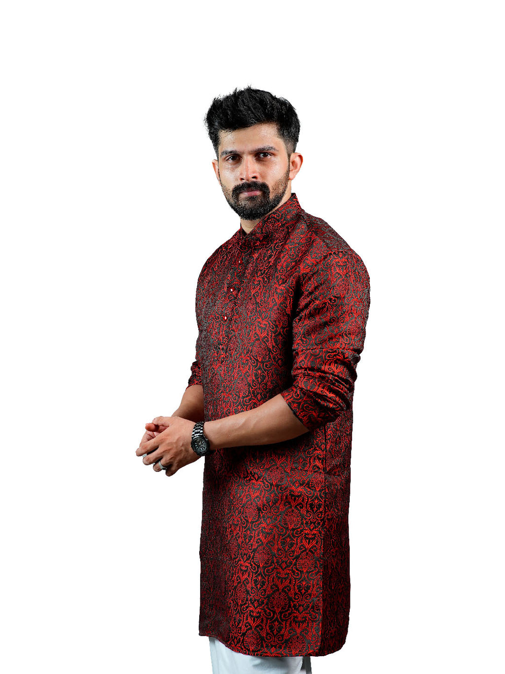 Black Red Scroll Jacquard Kurta for Men