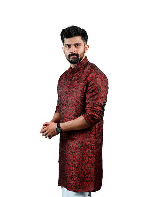 Black Red Scroll Jacquard Kurta for Men