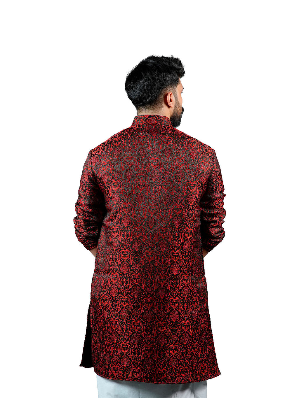 Black Red Scroll Jacquard Kurta for Men