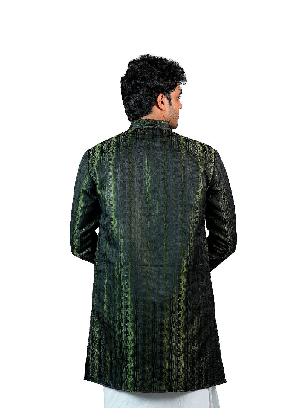 Olive Green Wave Stripe Sequin Jacquard Kurta for Men