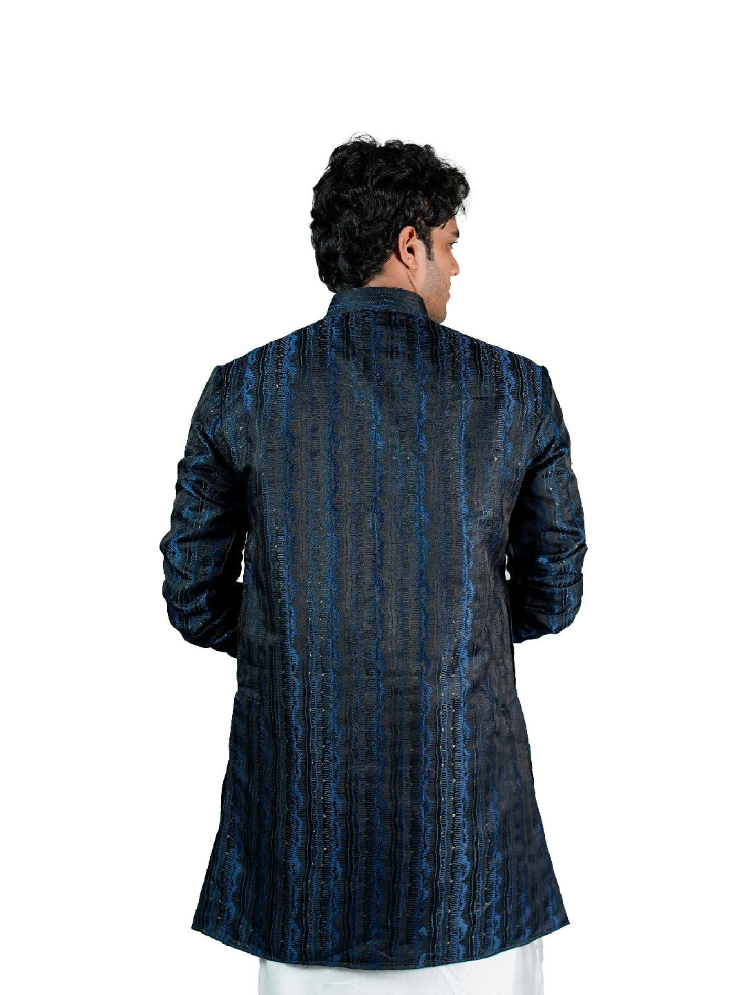 Midnight Navy Wave Stripe Sequin Jacquard Kurta for Men