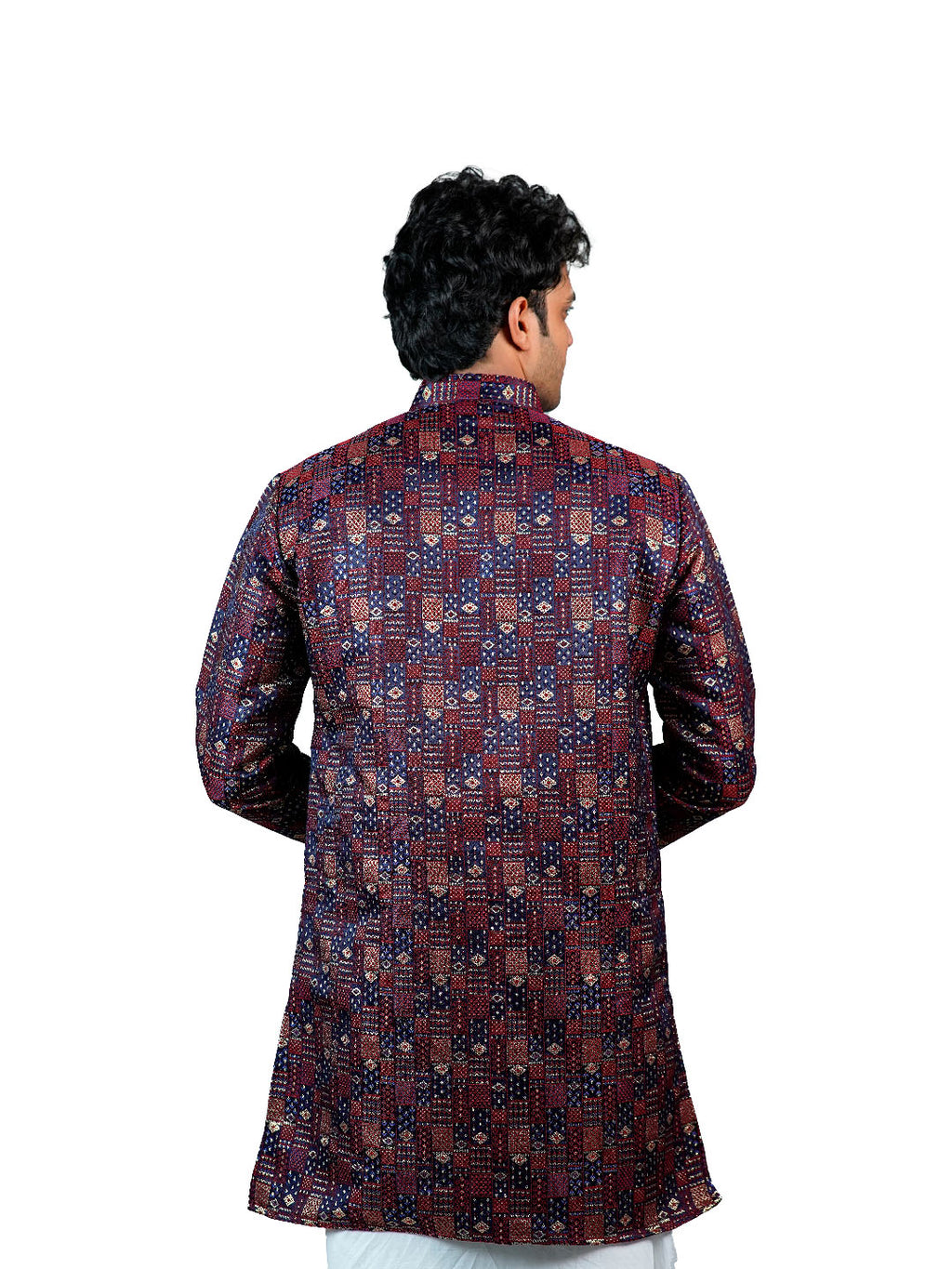 Navy Burgundy Geometric Block Jacquard Kurta for Men