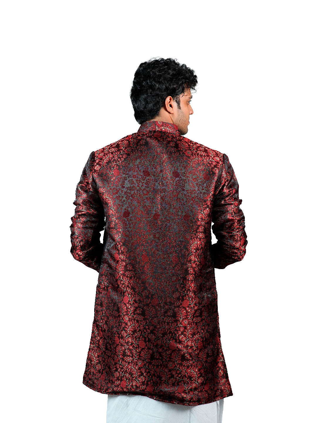 Black Crimson Floral Vine Jacquard Kurta for Men
